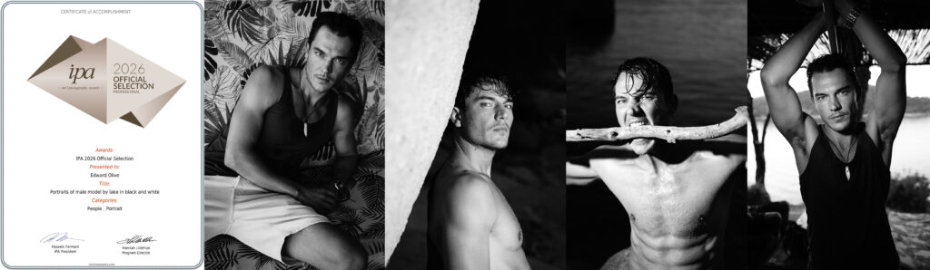 Portraits of male model by lake in black and white International Photo Awards